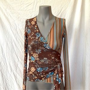 Boutique Sweet Pea by Stacy Frati Top, Size Small, Brown Floral & Stripe Pattern